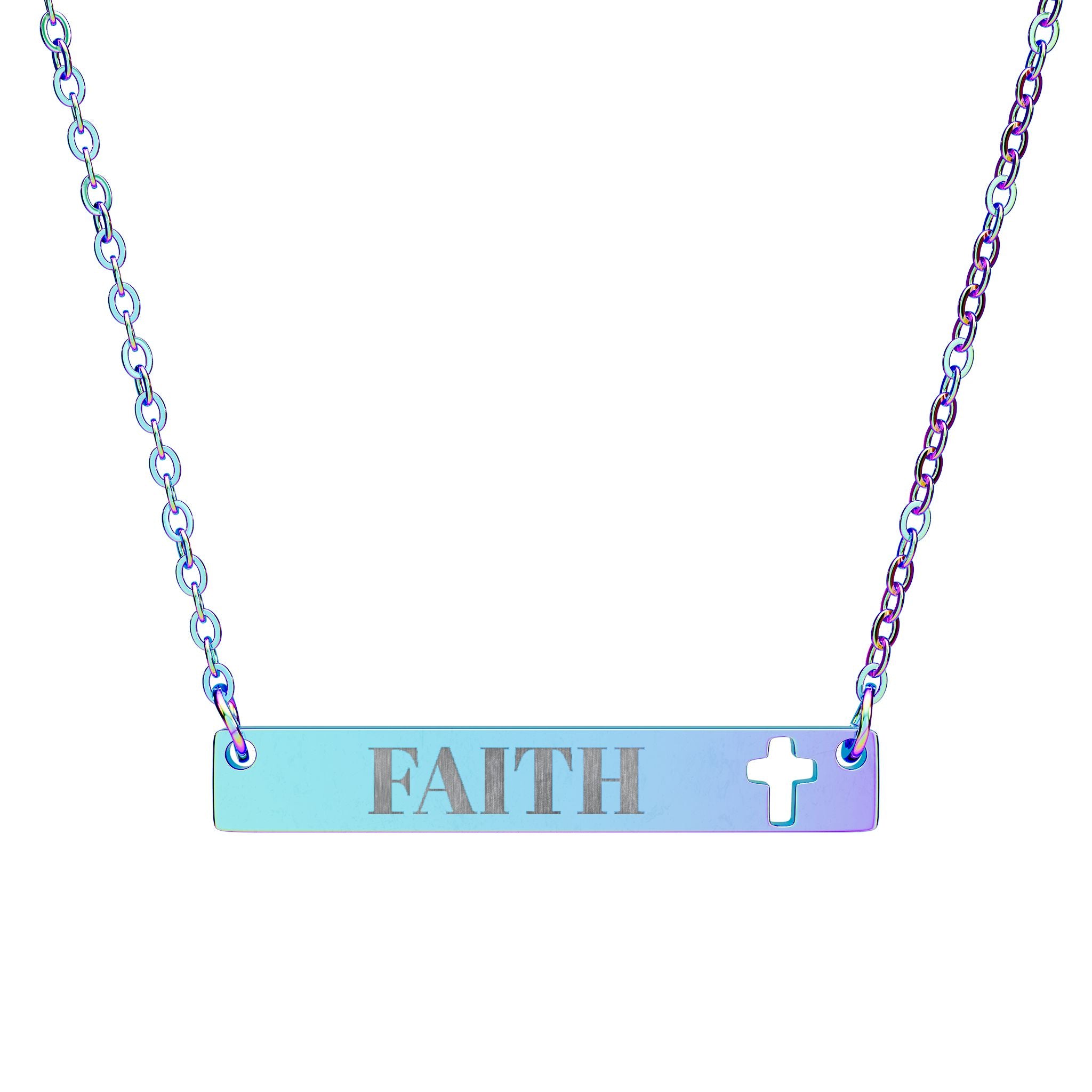 Cutout Cross Bar Necklace — "FAITH" Engraved Religious Pendant