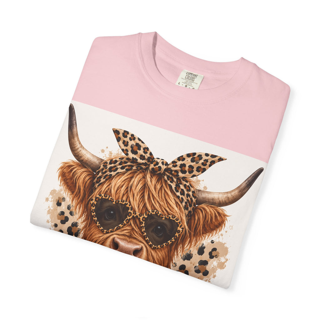 Highland Cow Graphic T-Shirt — Leopard Bandana & Heart Design