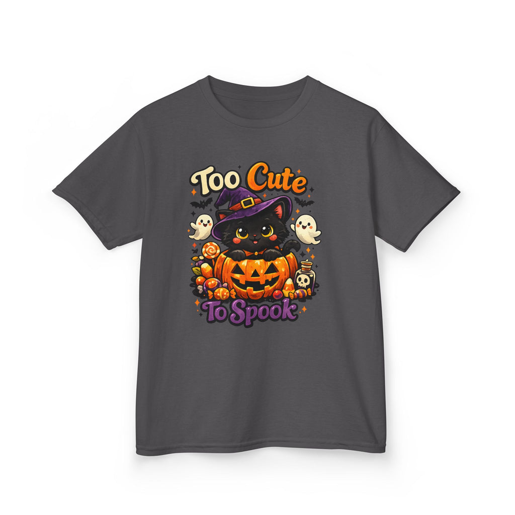 Kids Halloween Tee — "Too Cute to Spook" Black Cat Pumpkin Shirt