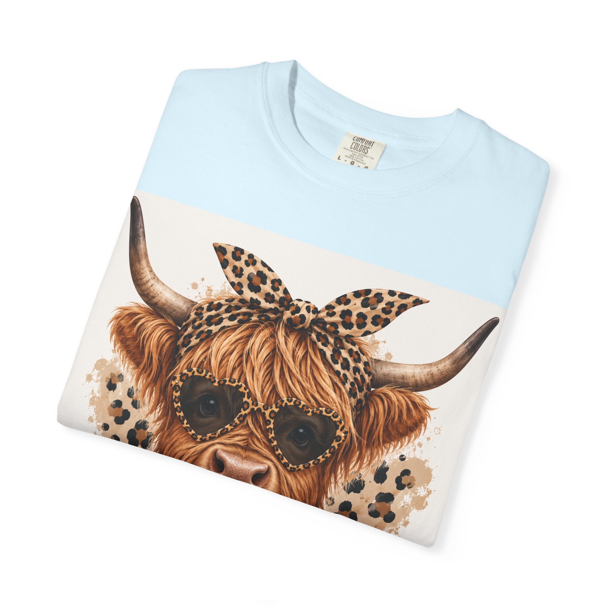 Highland Cow Graphic T-Shirt — Leopard Bandana & Heart Design
