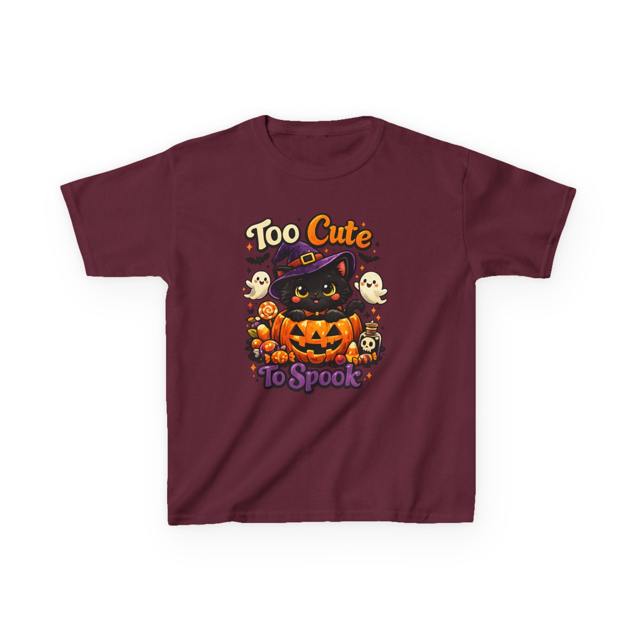 Kids Halloween Tee — "Too Cute to Spook" Black Cat Pumpkin Shirt