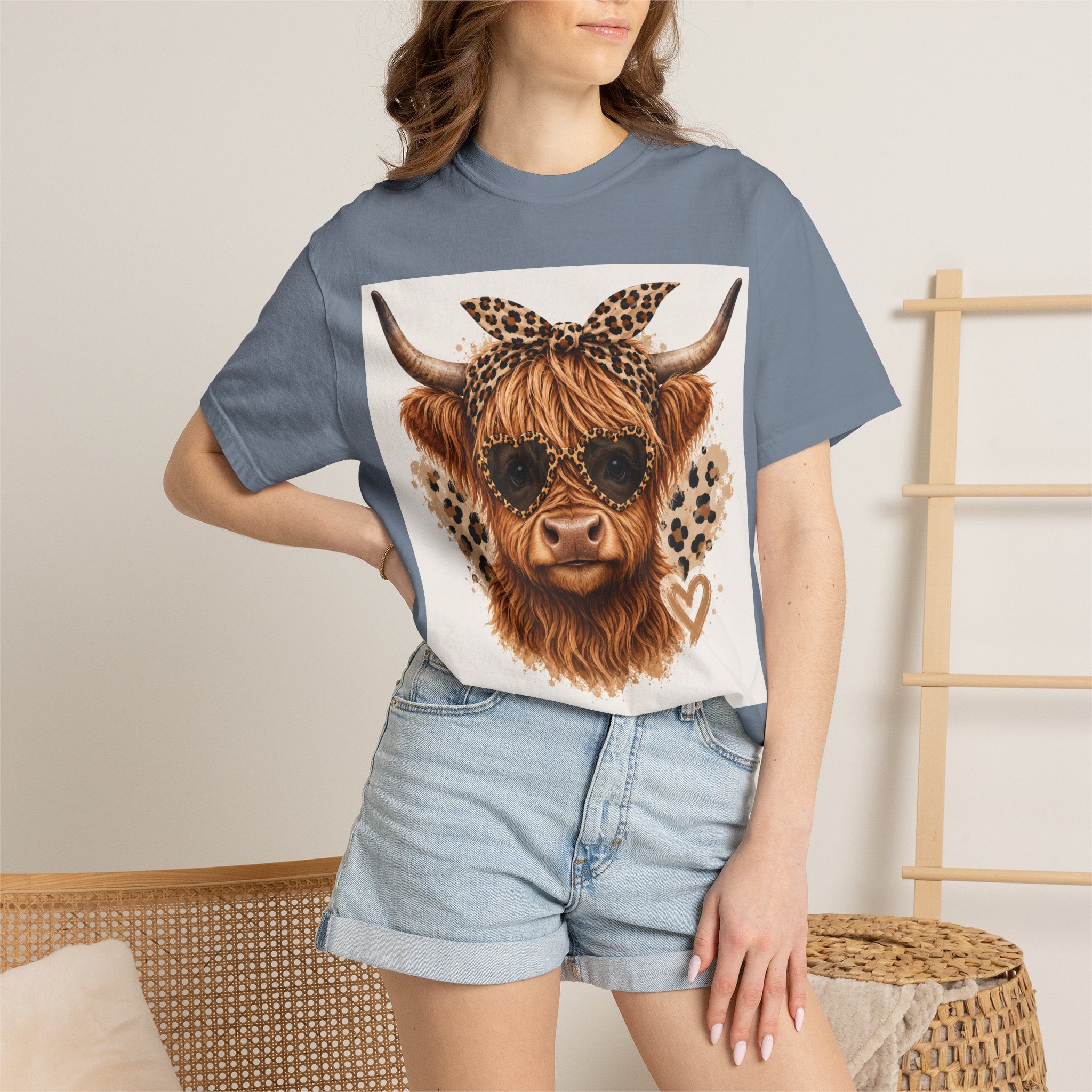 Highland Cow Graphic T-Shirt — Leopard Bandana & Heart Design