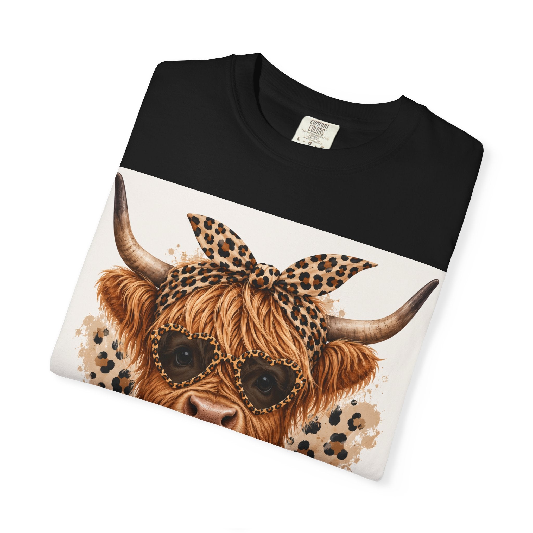 Highland Cow Graphic T-Shirt — Leopard Bandana & Heart Design