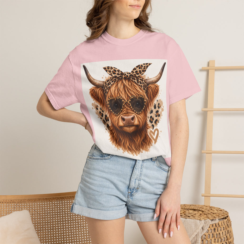 Highland Cow Graphic T-Shirt — Leopard Bandana & Heart Design