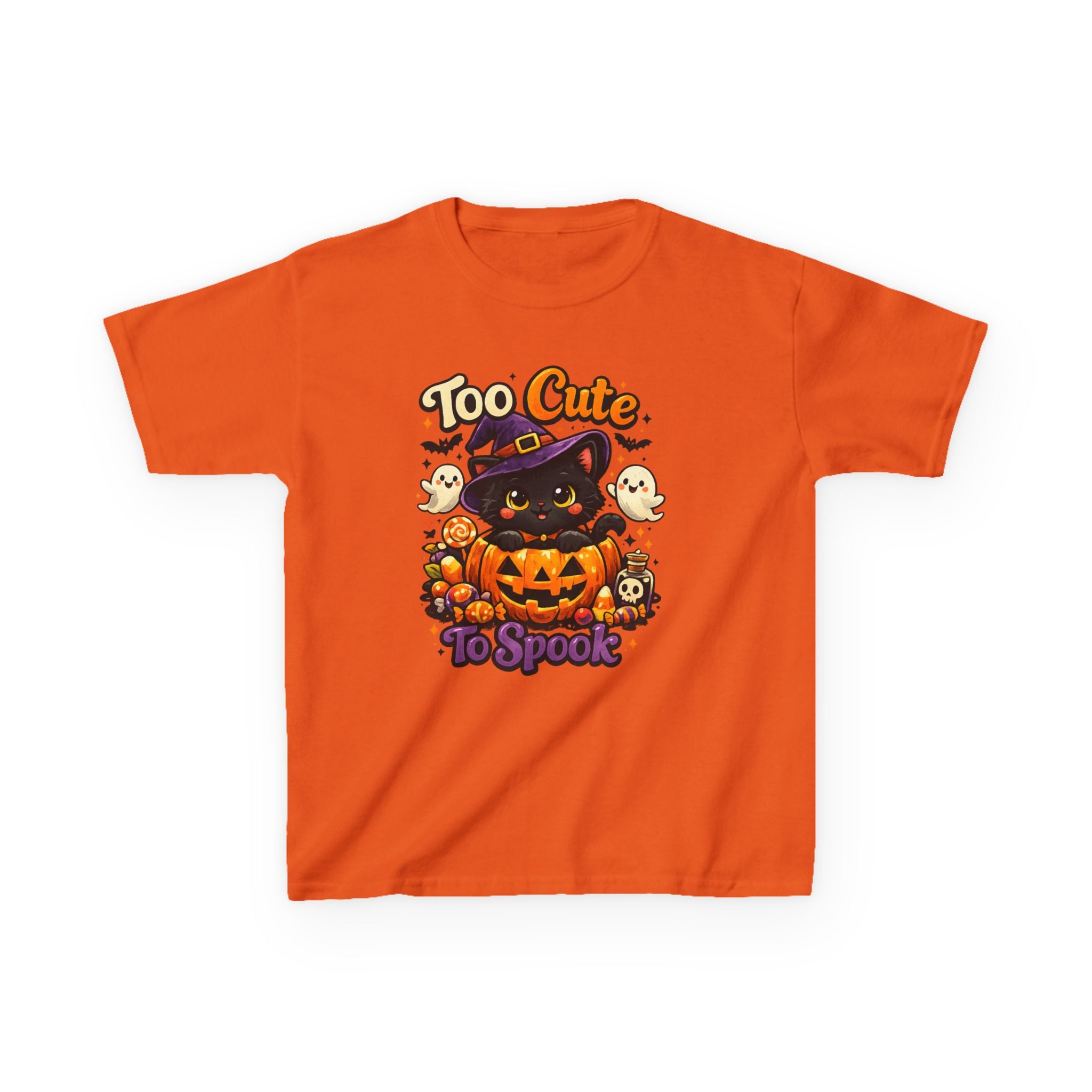 Kids Halloween Tee — "Too Cute to Spook" Black Cat Pumpkin Shirt