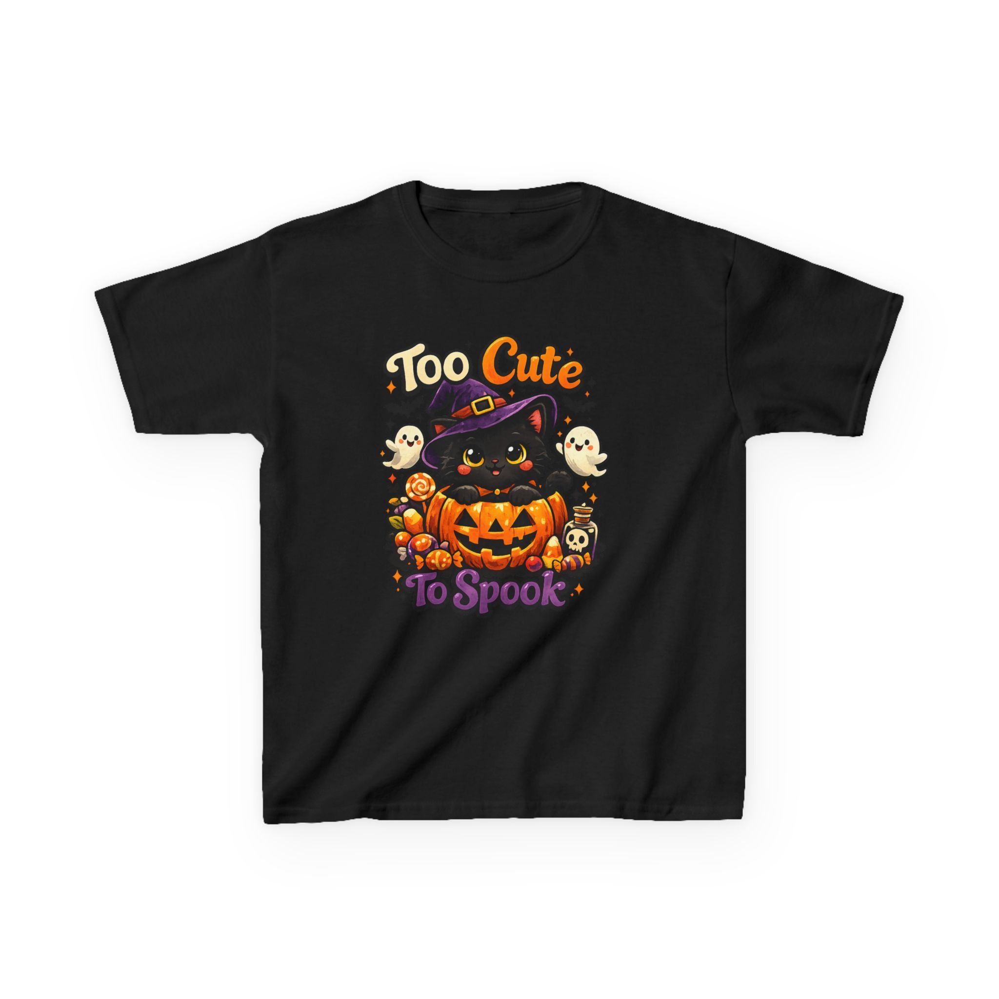 Kids Halloween Tee — "Too Cute to Spook" Black Cat Pumpkin Shirt