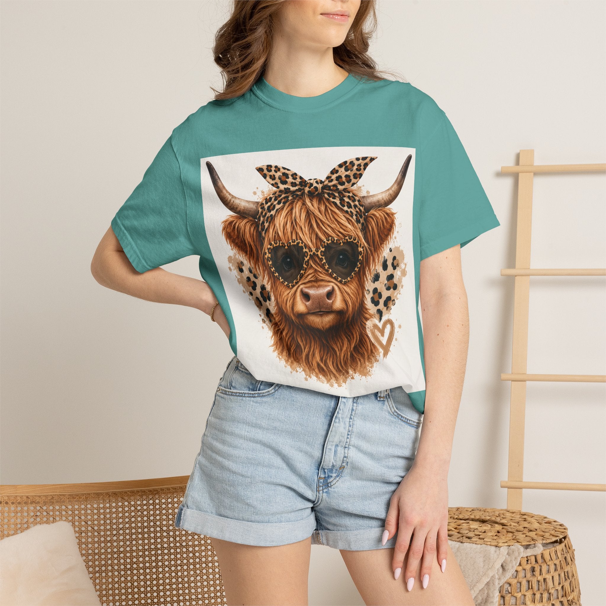 Highland Cow Graphic T-Shirt — Leopard Bandana & Heart Design