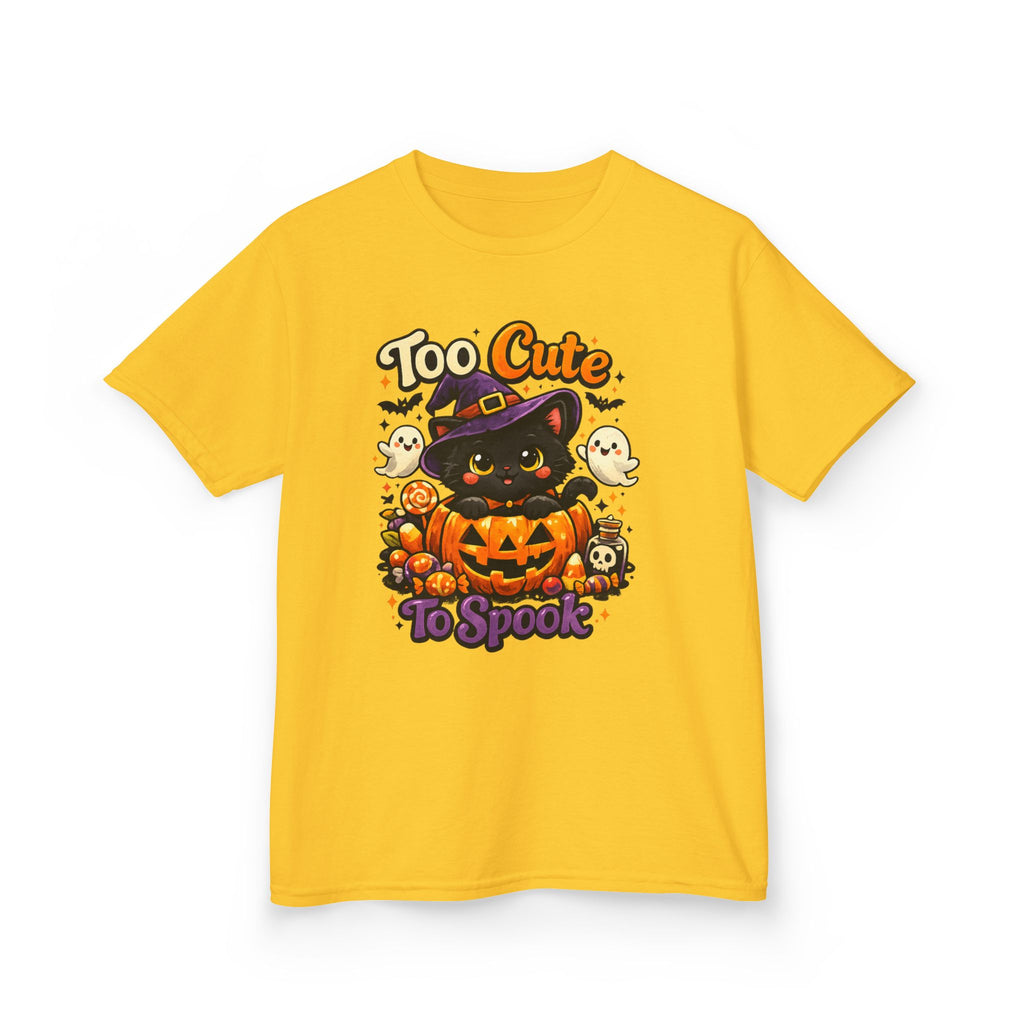 Kids Halloween Tee — "Too Cute to Spook" Black Cat Pumpkin Shirt