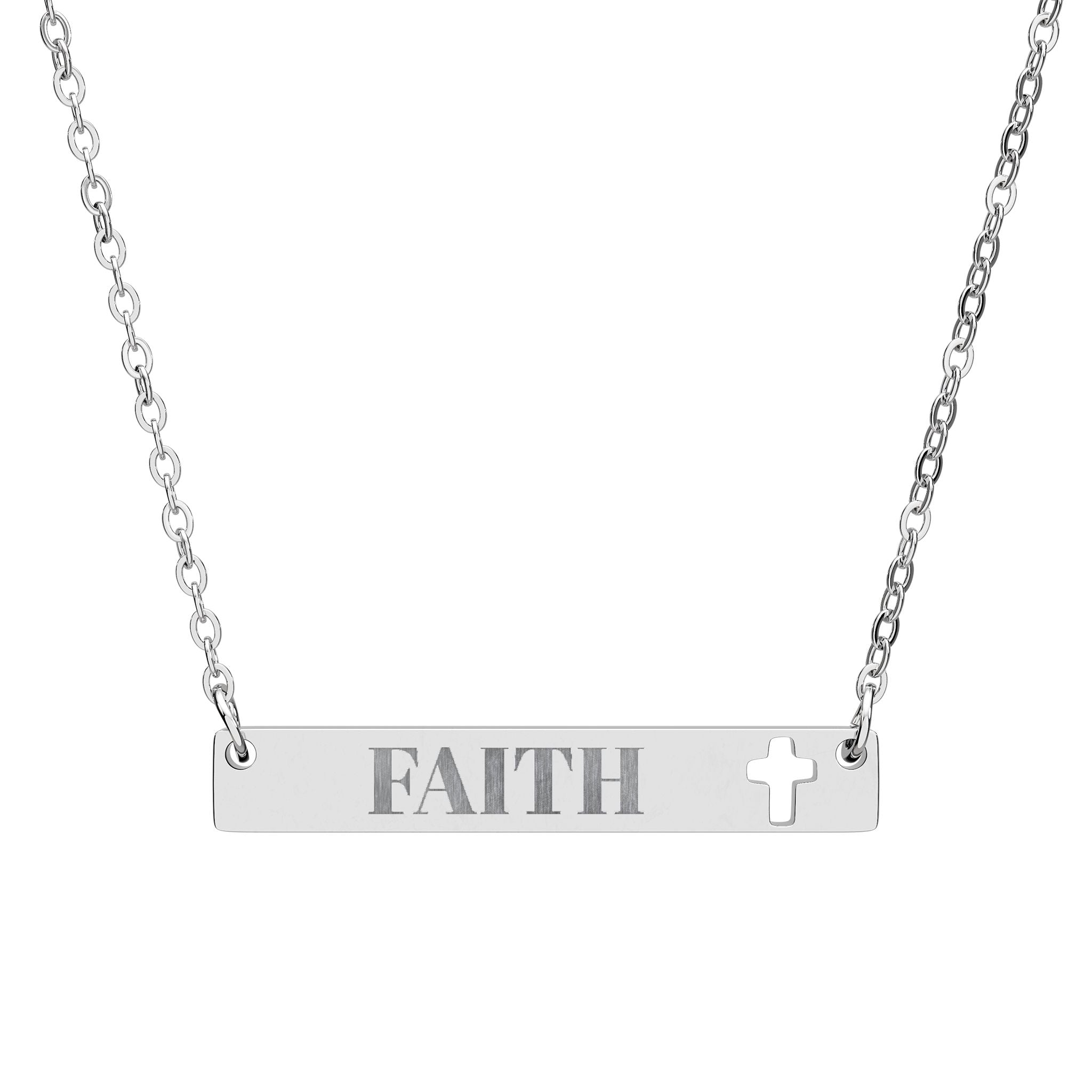 Cutout Cross Bar Necklace — "FAITH" Engraved Religious Pendant