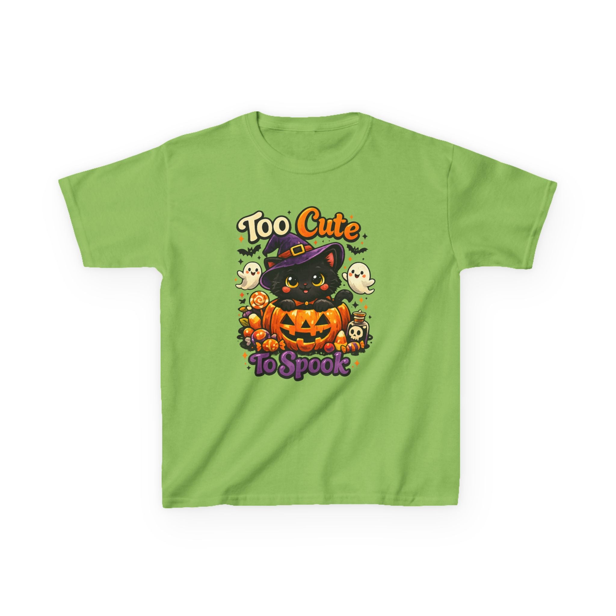 Kids Halloween Tee — "Too Cute to Spook" Black Cat Pumpkin Shirt