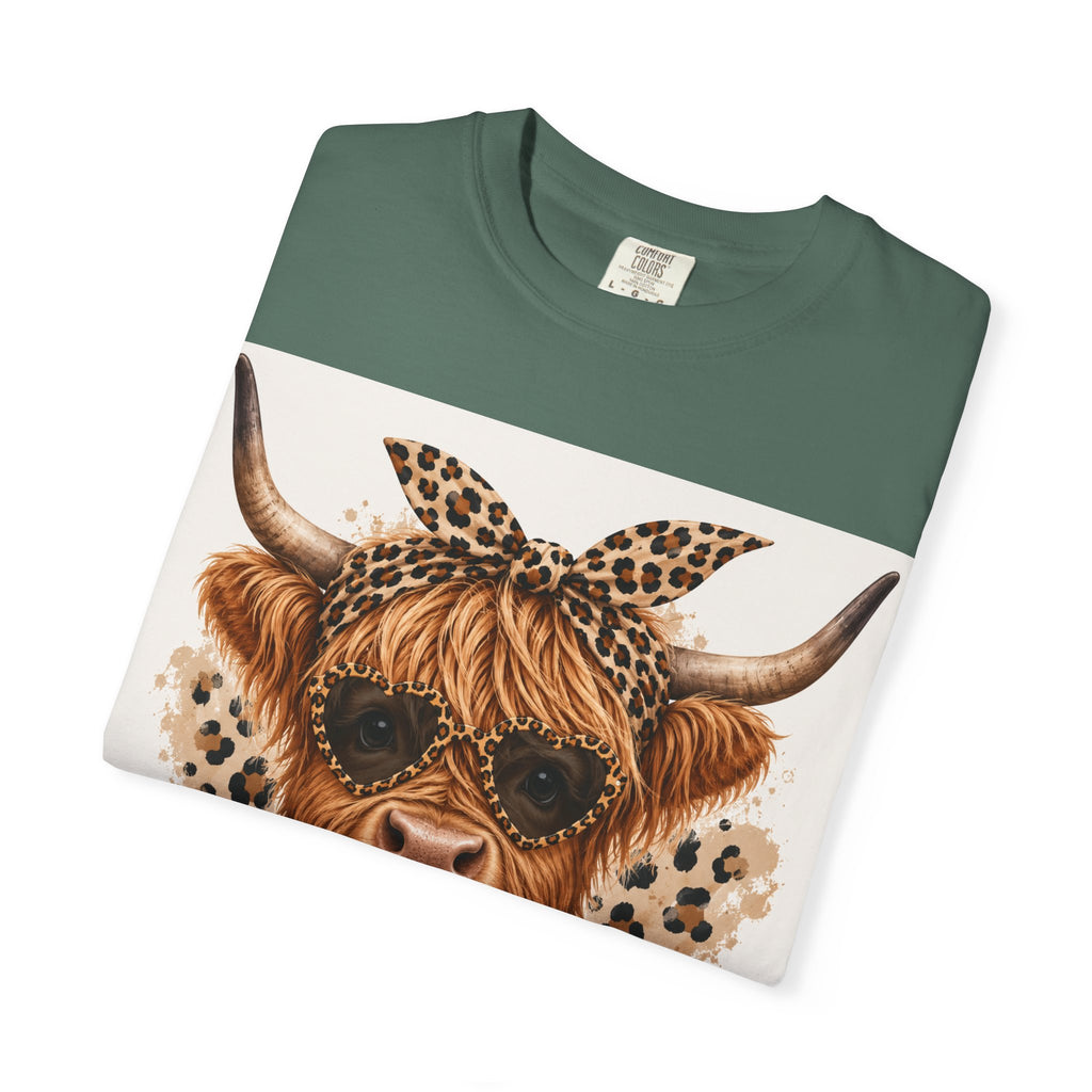 Highland Cow Graphic T-Shirt — Leopard Bandana & Heart Design