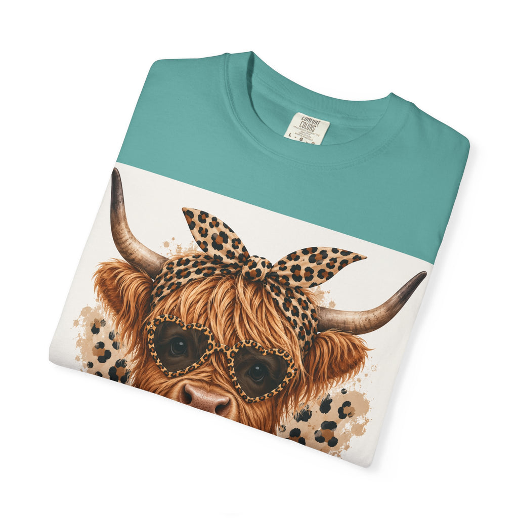 Highland Cow Graphic T-Shirt — Leopard Bandana & Heart Design