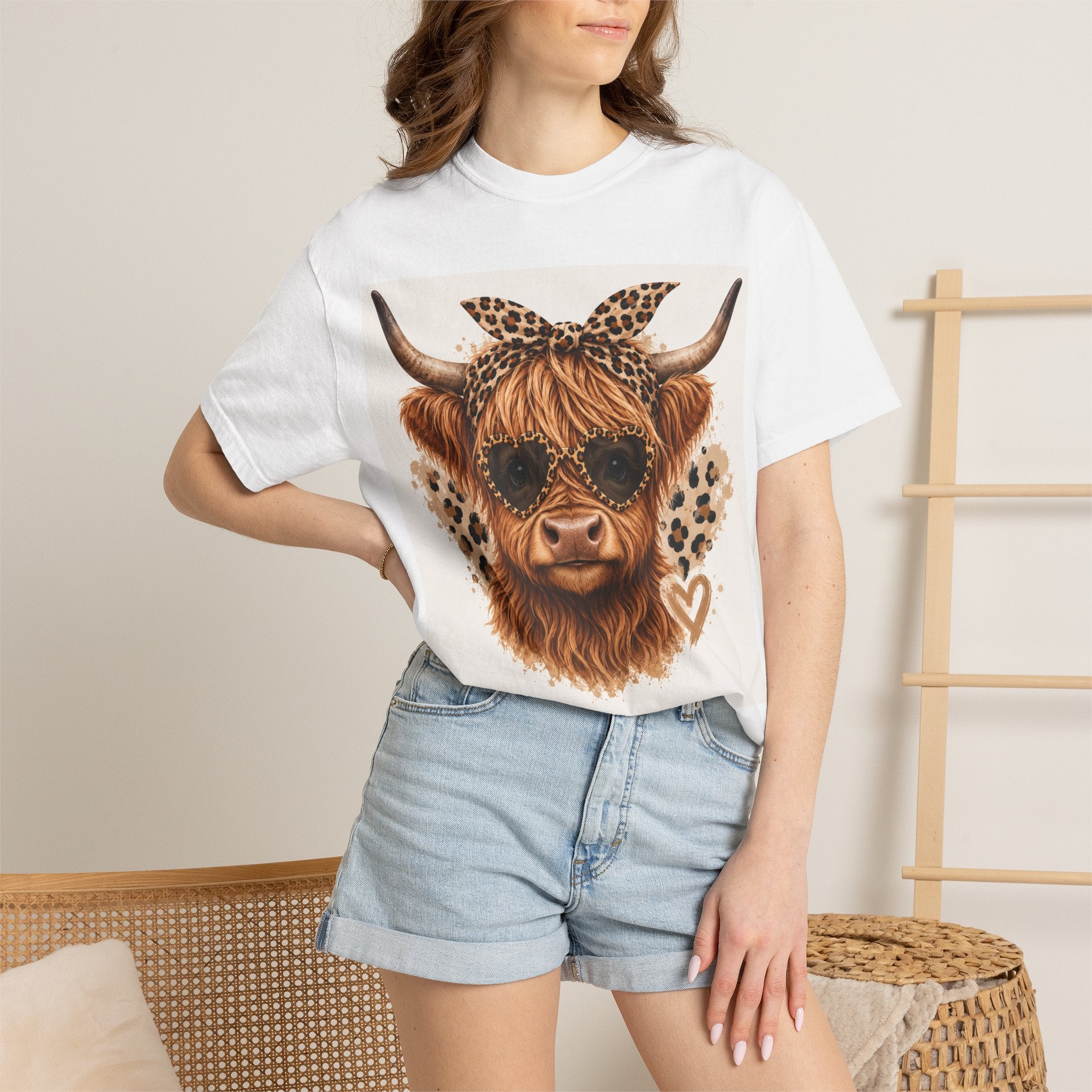 Highland Cow Graphic T-Shirt — Leopard Bandana & Heart Design