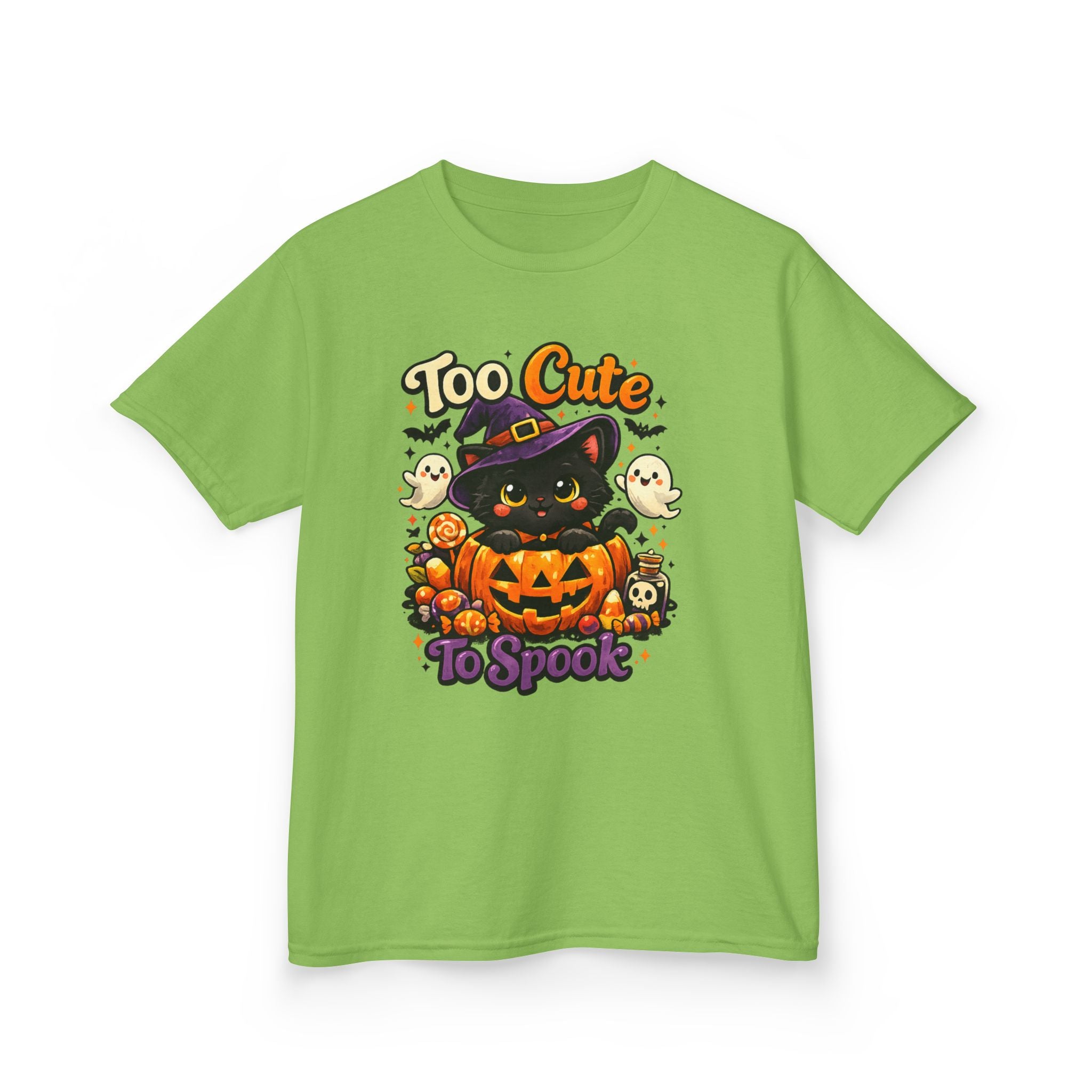 Kids Halloween Tee — "Too Cute to Spook" Black Cat Pumpkin Shirt