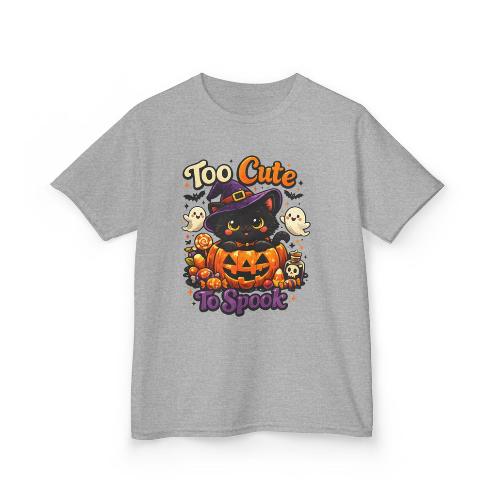 Kids Halloween Tee — "Too Cute to Spook" Black Cat Pumpkin Shirt