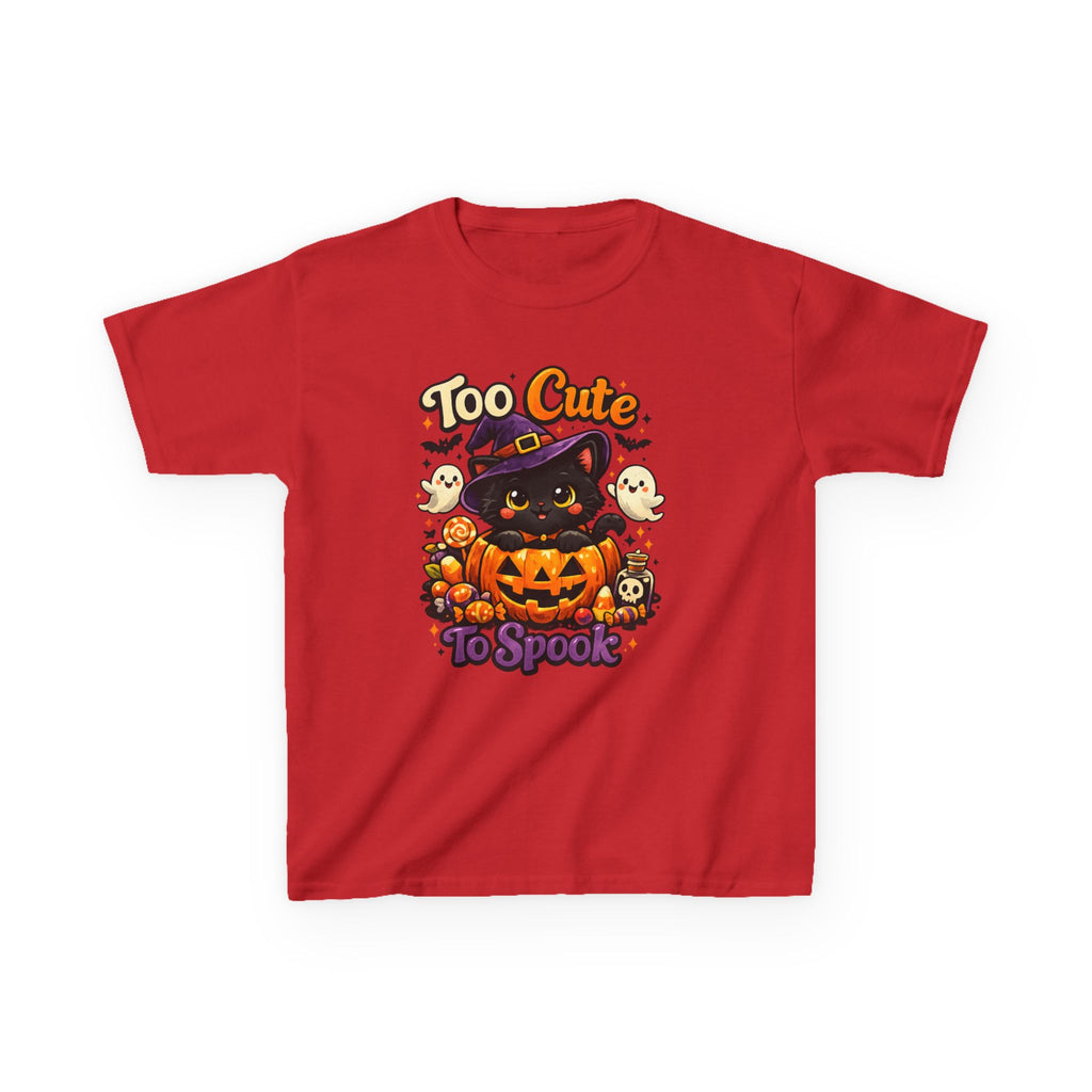 Kids Halloween Tee — "Too Cute to Spook" Black Cat Pumpkin Shirt