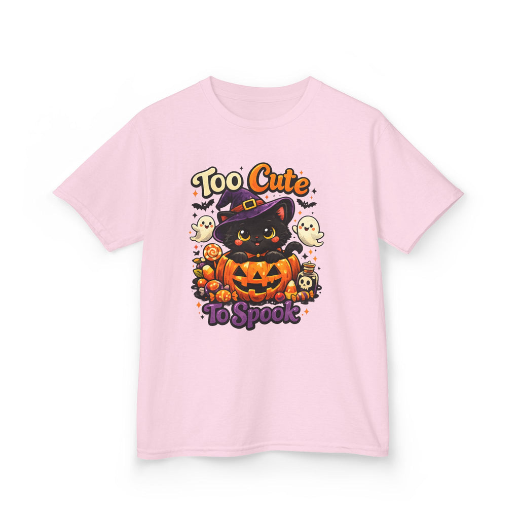 Kids Halloween Tee — "Too Cute to Spook" Black Cat Pumpkin Shirt
