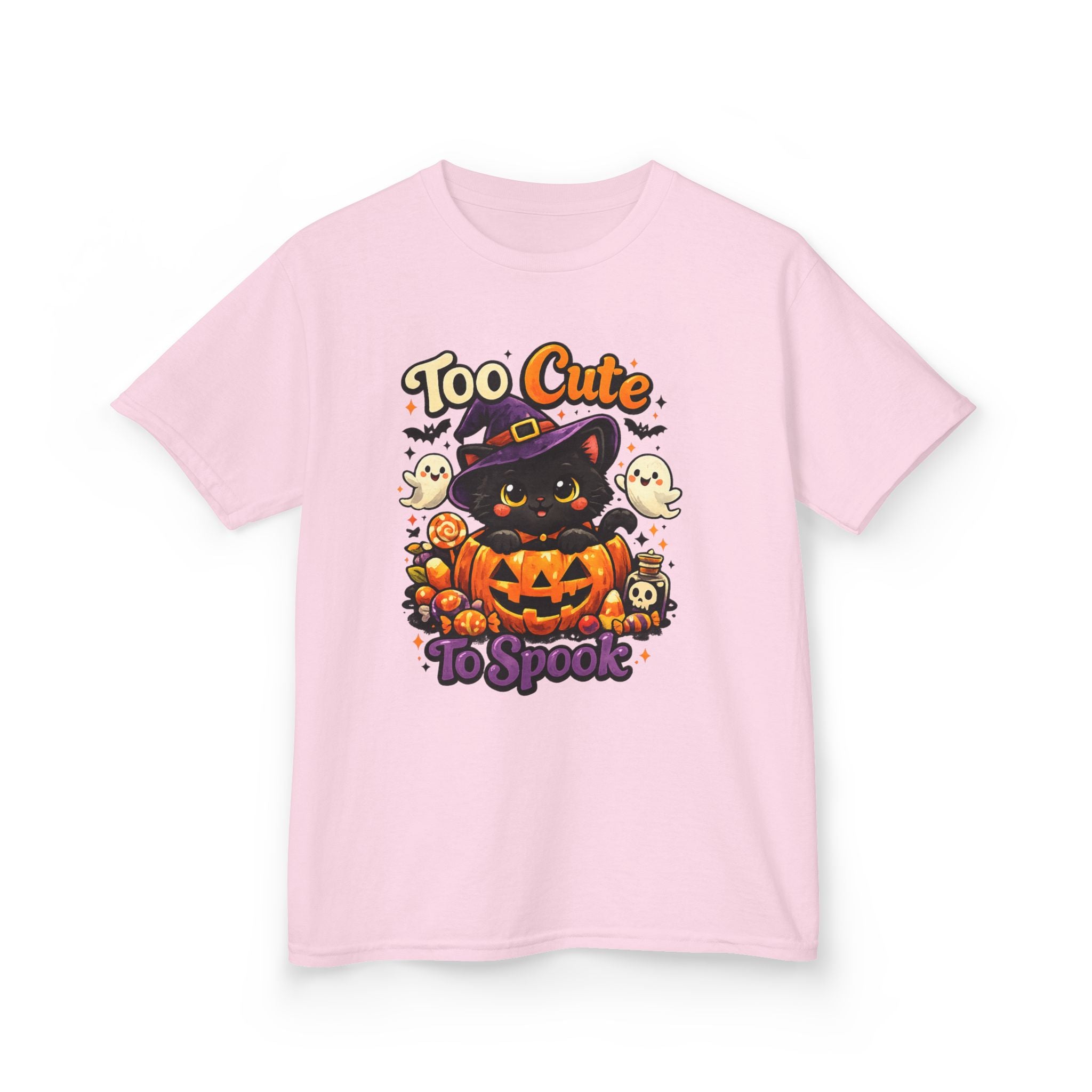 Kids Halloween Tee — "Too Cute to Spook" Black Cat Pumpkin Shirt