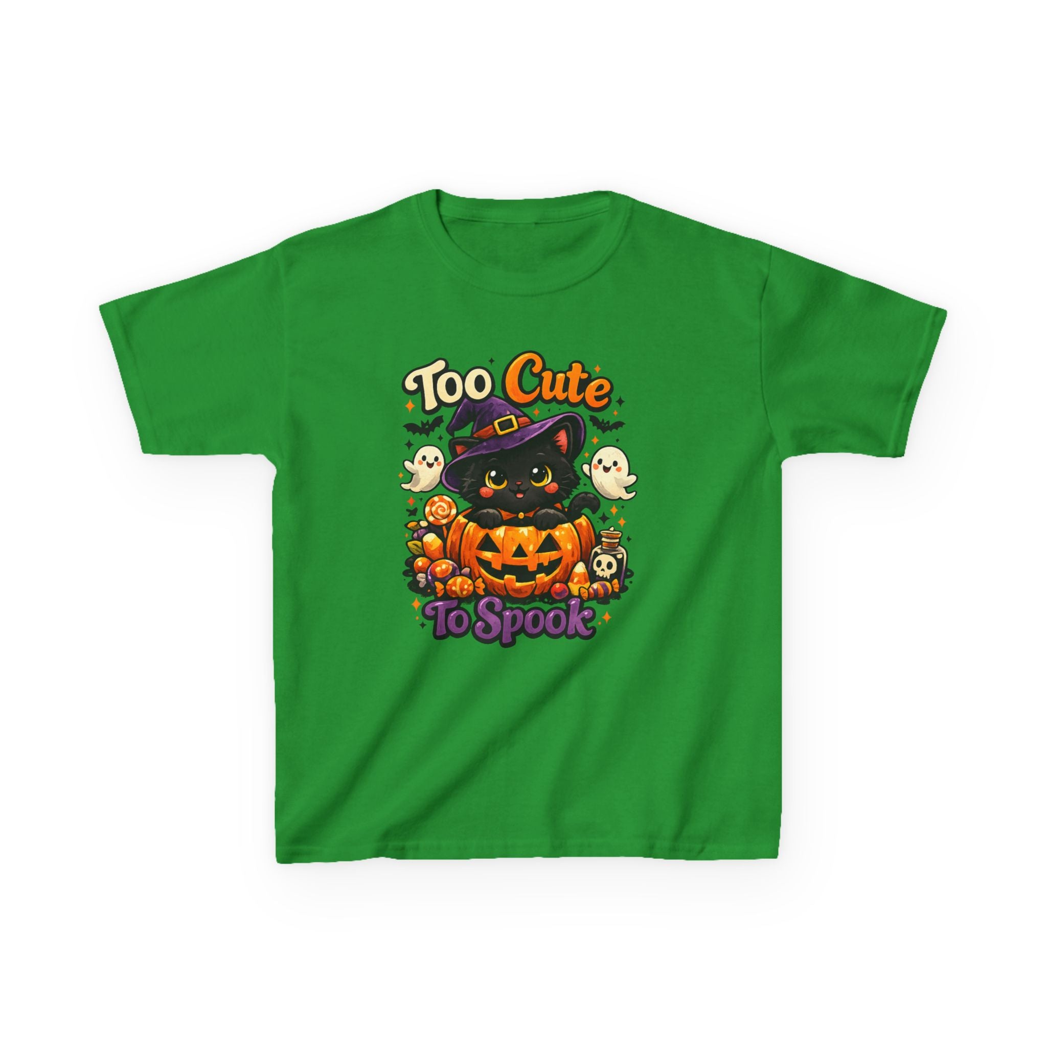 Kids Halloween Tee — "Too Cute to Spook" Black Cat Pumpkin Shirt