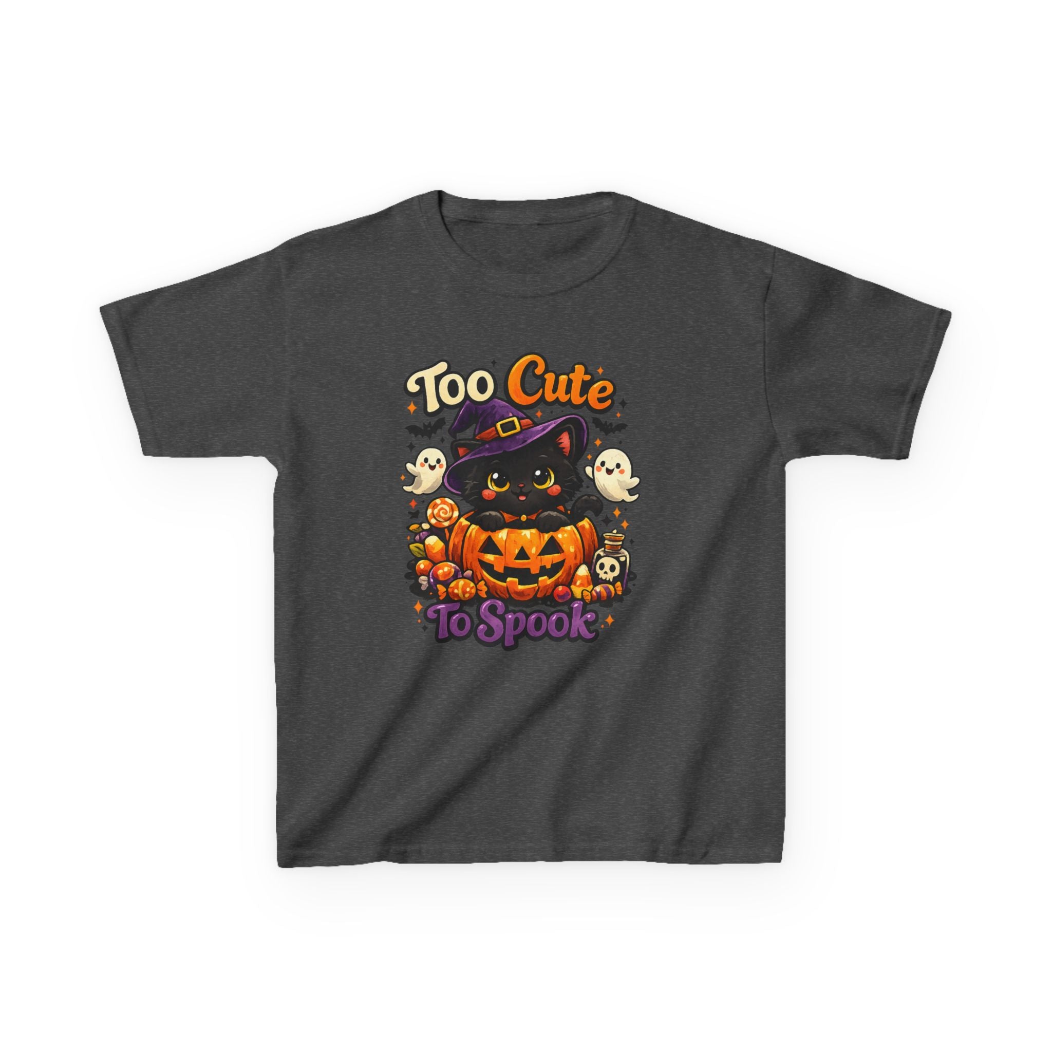 Kids Halloween Tee — "Too Cute to Spook" Black Cat Pumpkin Shirt