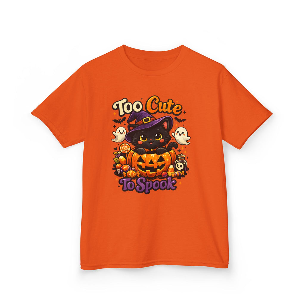 Kids Halloween Tee — "Too Cute to Spook" Black Cat Pumpkin Shirt