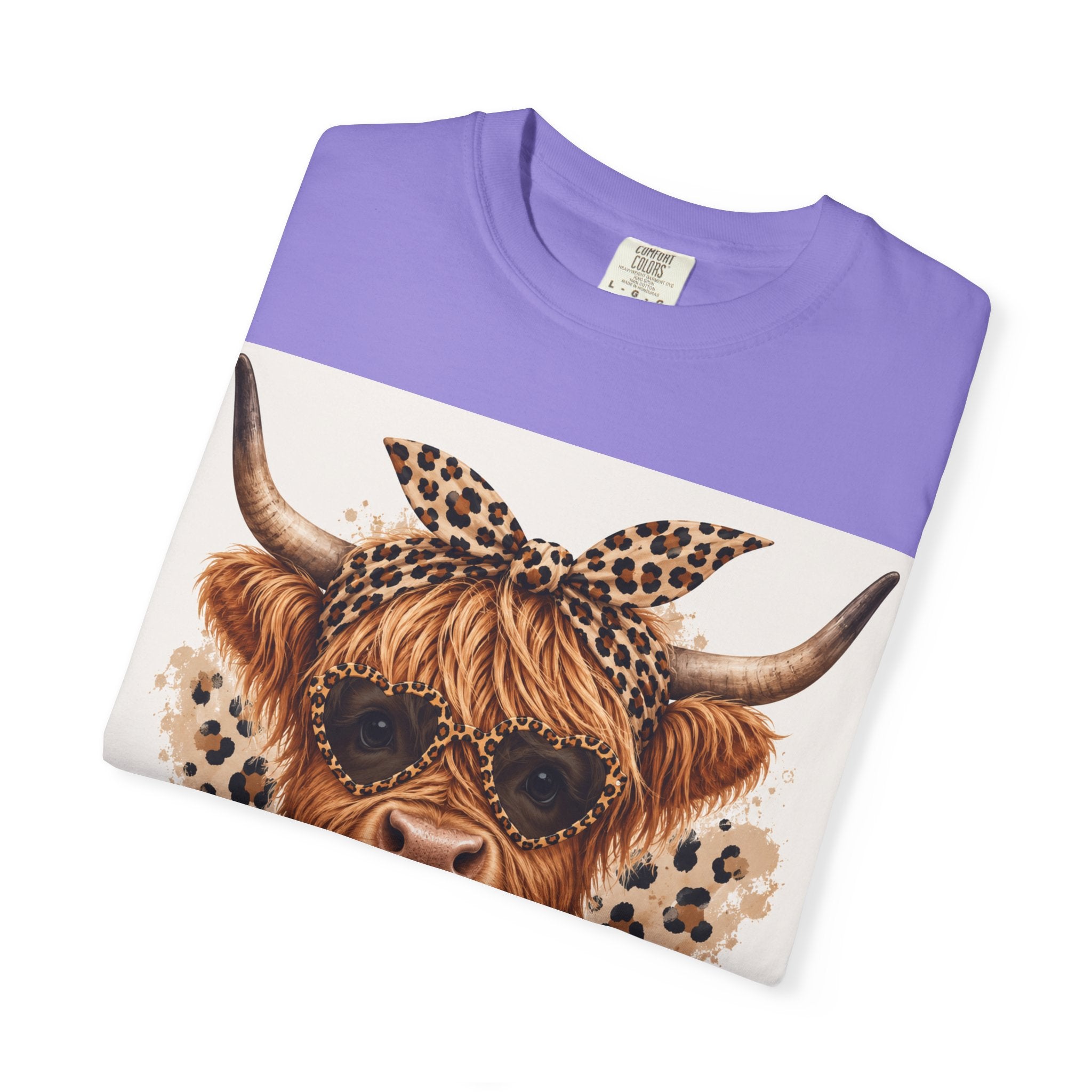 Highland Cow Graphic T-Shirt — Leopard Bandana & Heart Design