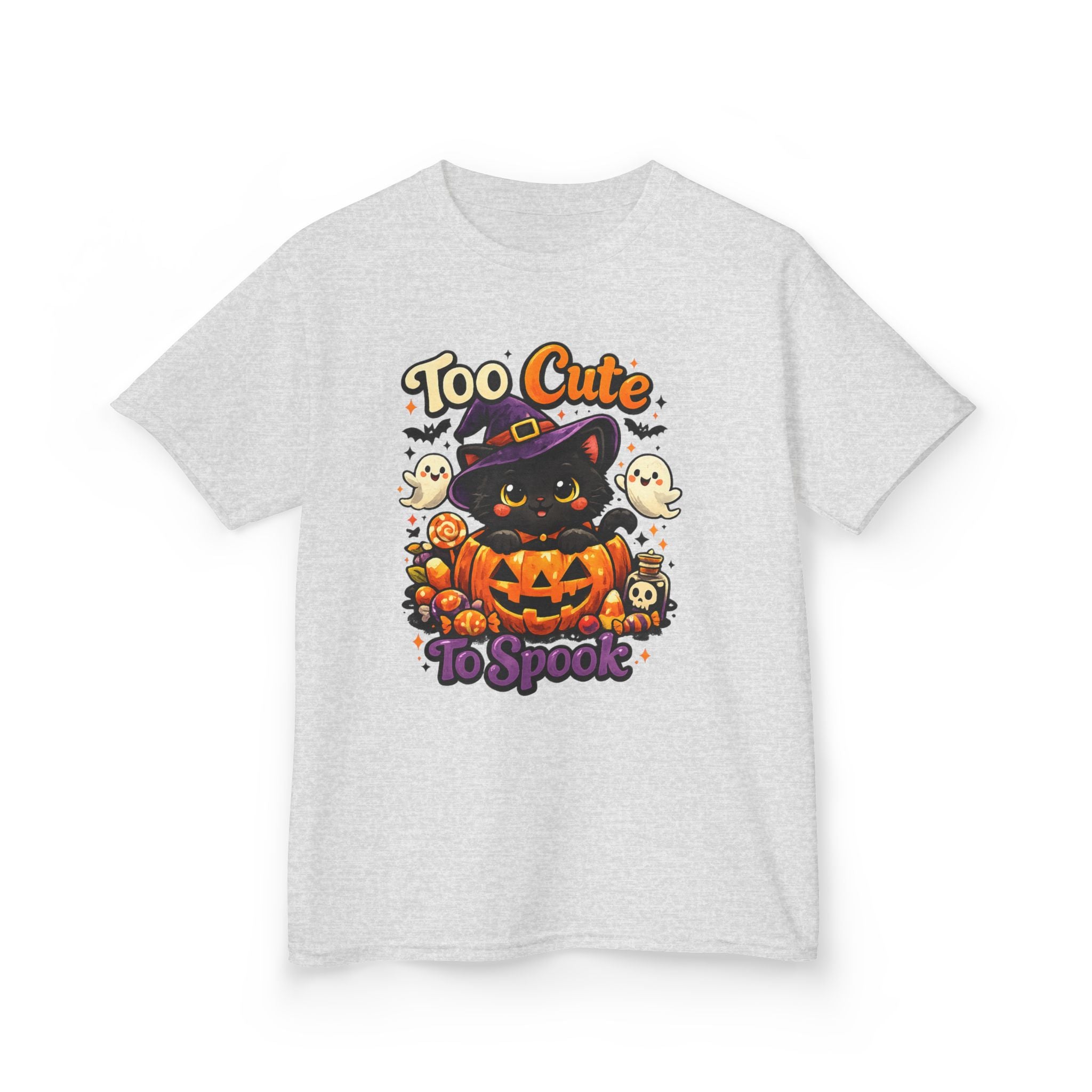 Kids Halloween Tee — "Too Cute to Spook" Black Cat Pumpkin Shirt