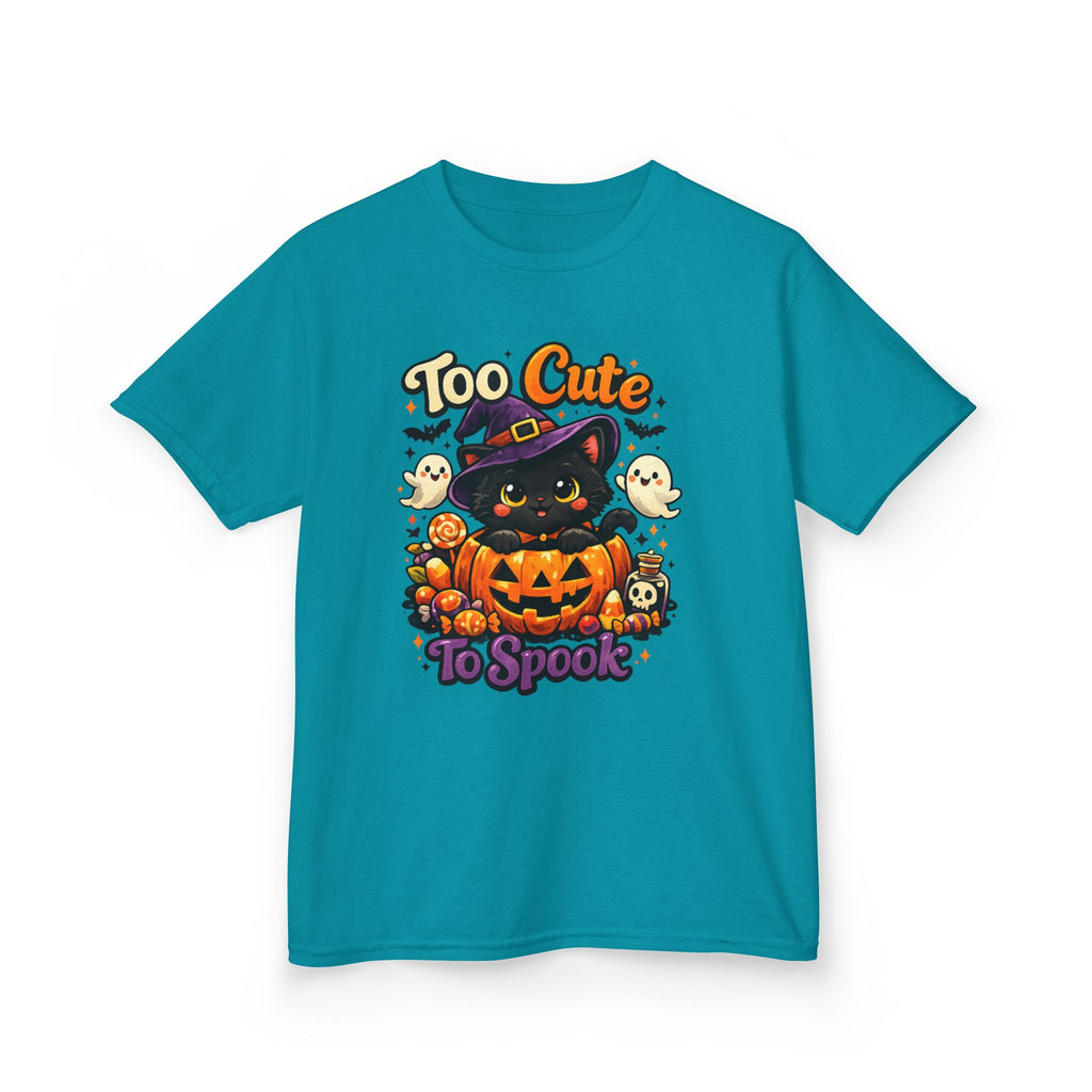 Kids Halloween Tee — "Too Cute to Spook" Black Cat Pumpkin Shirt