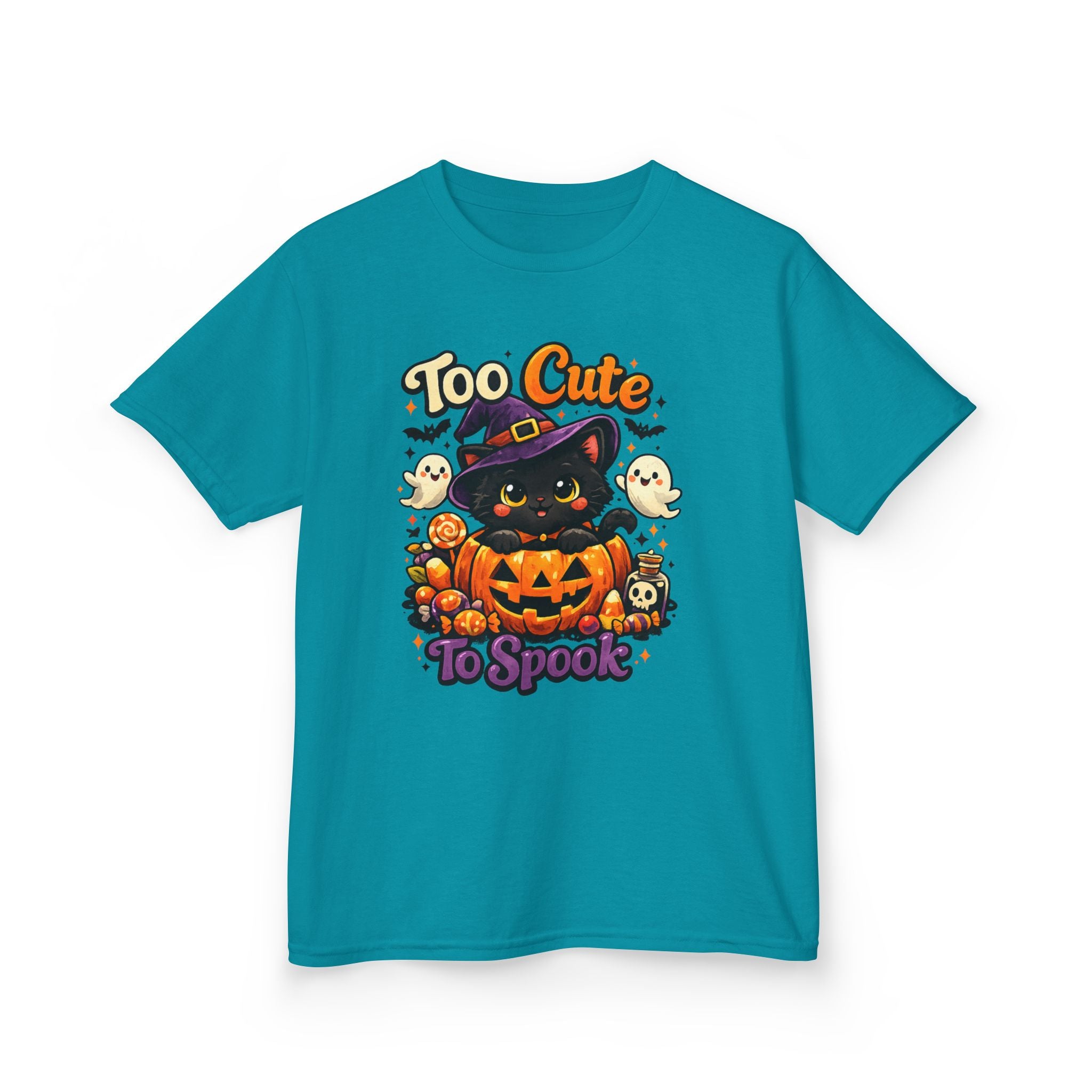 Kids Halloween Tee — "Too Cute to Spook" Black Cat Pumpkin Shirt